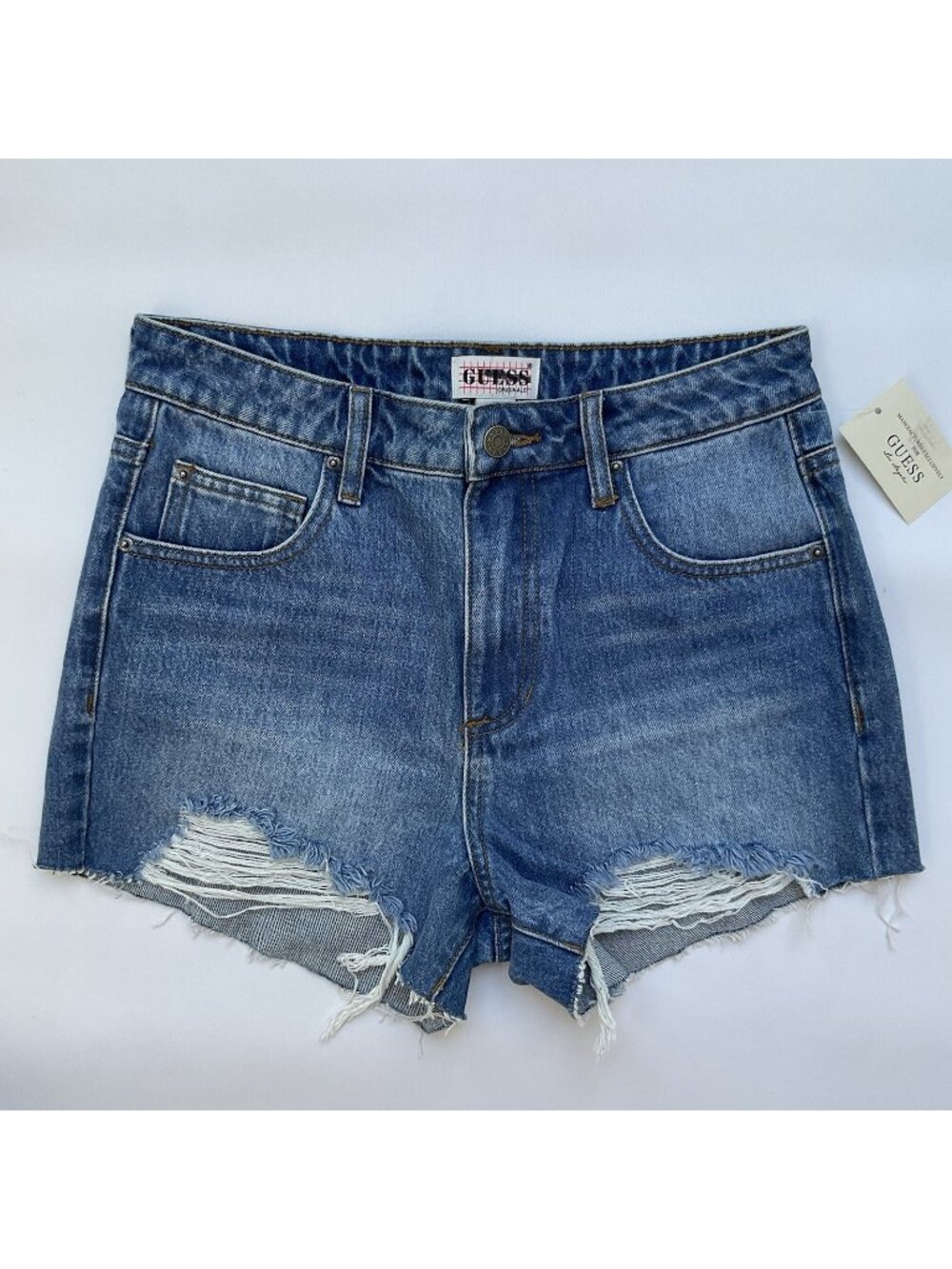 Guess Women’s High Rise Short Blue Destroyed 100% Cotton Denim Size 27